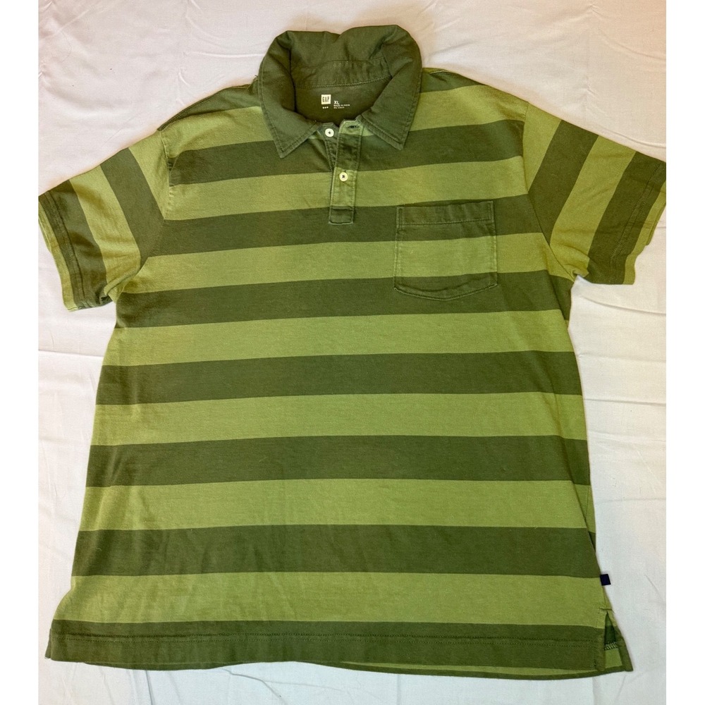 Gap Mens XL Green Striped Short Sleeve Cotton Polo Shirt with Pocket RN 54023